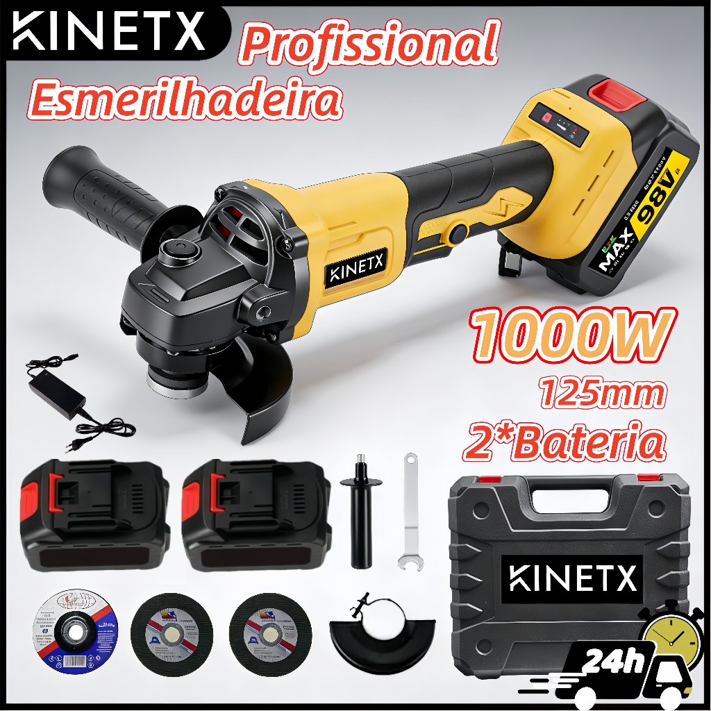1000W 125mm Esmerilhadeira Angular Sem Fio 98VF 2 Baterias KINETX Lixadeira Elétrica Potente Corte Fácil