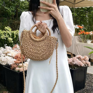 Bolsa feminina de palha praia verão lua pequena com alça transversal