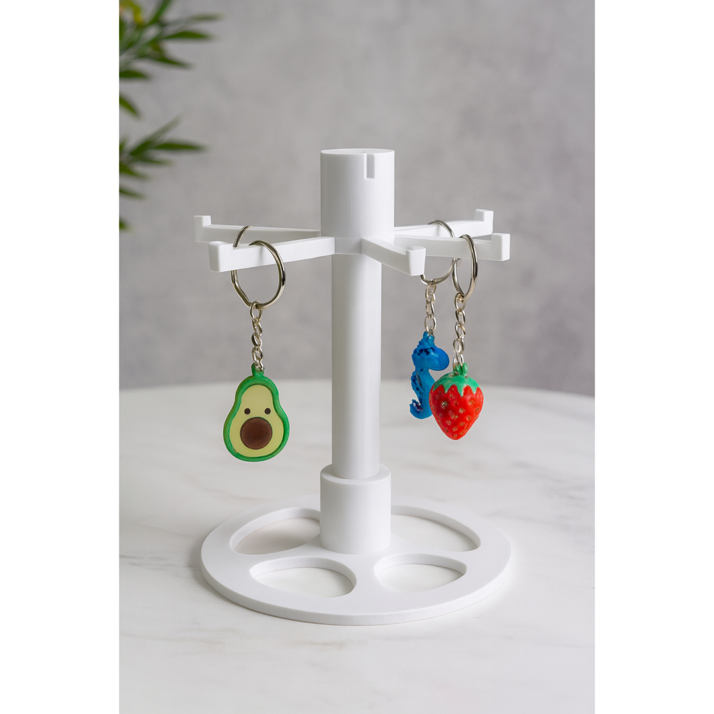 Suporte Porta Chaveiros Giratório De Mesa Display Com Base Estável e 8 Braços Para Organizar e Expor Coleções
