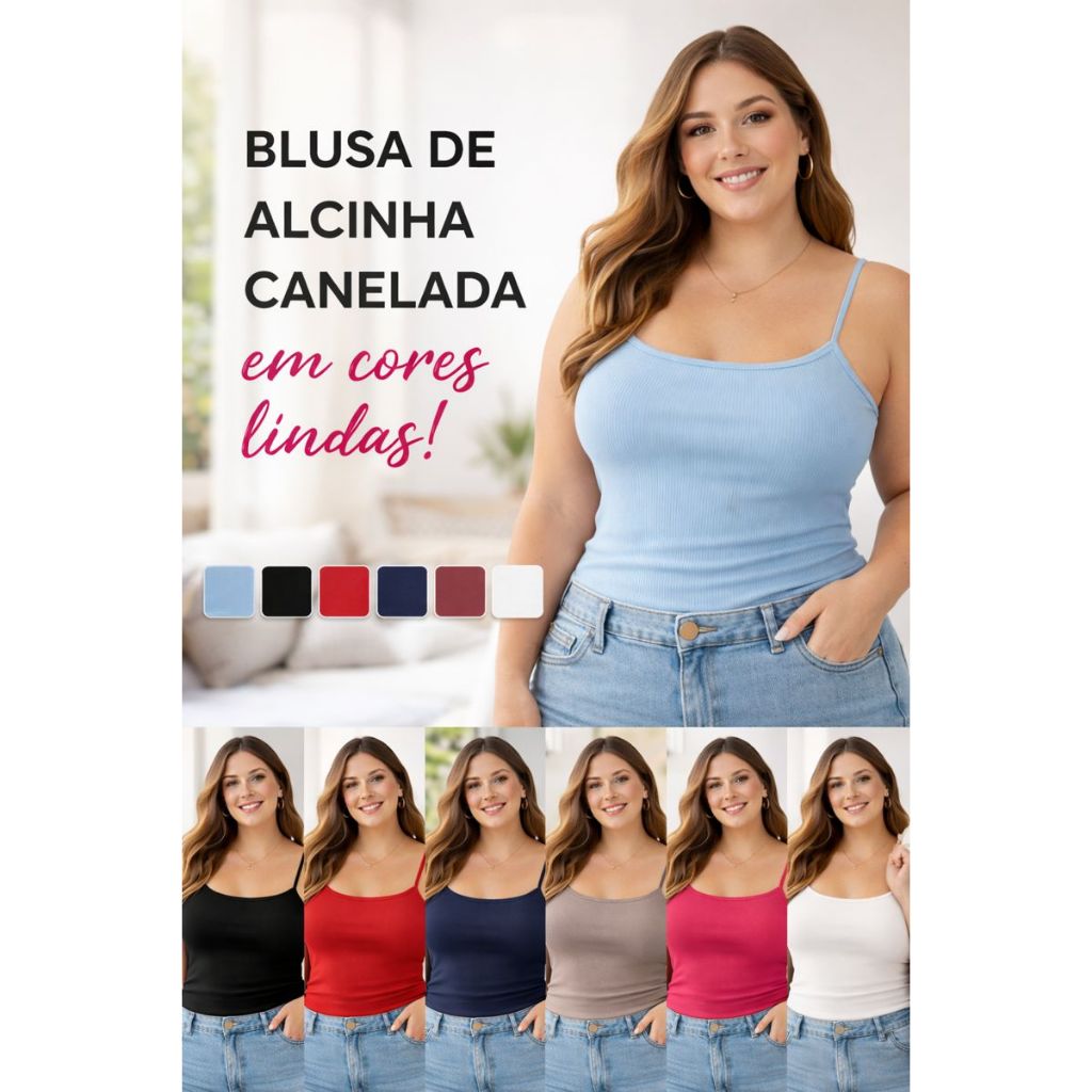 Blusa de Alcinha Canelada Feminina Básica Premium P ao G4 Plus Size em Oferta na Shopee
