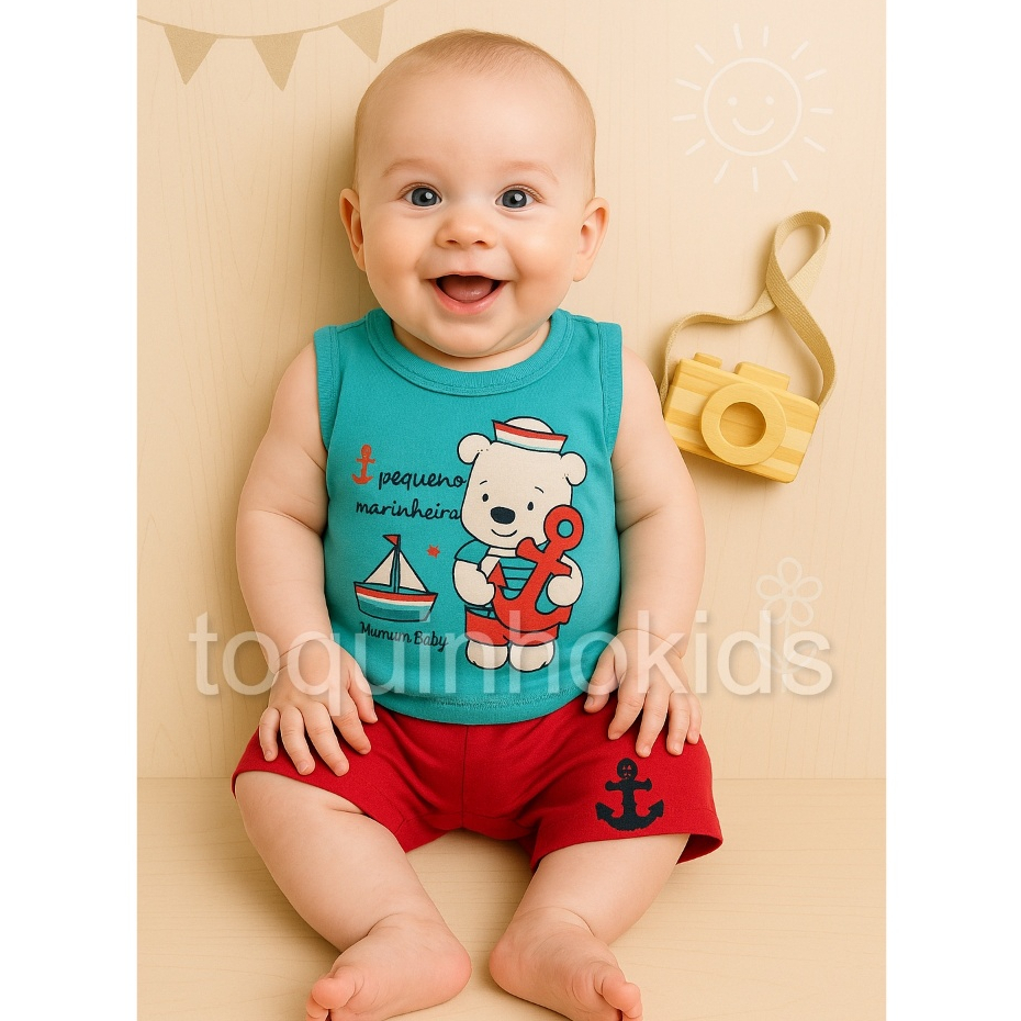 Conjunto Regata Marinheiro + Short para bebê menino praia verão para bebê estiloso