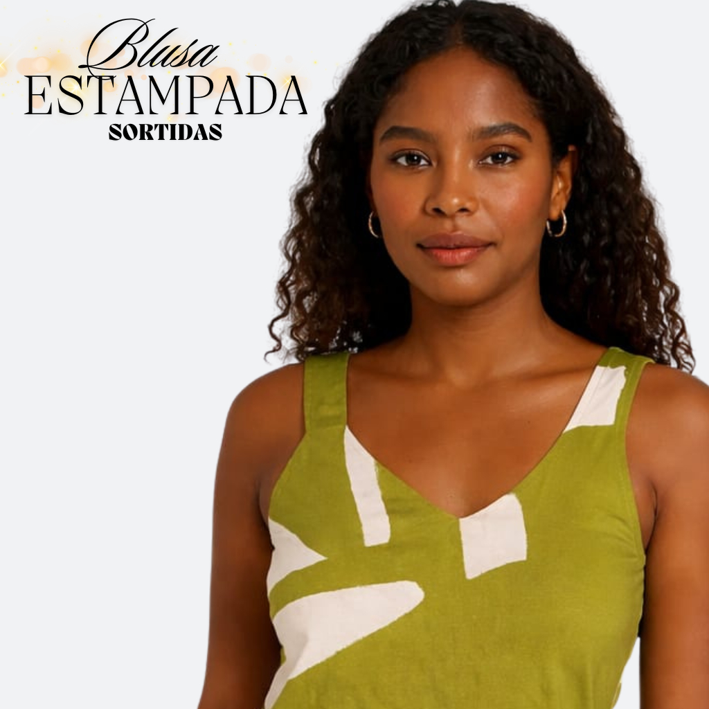 Blusa regata estampada feminina com alça larga tecido viscose |1935| Lançamento