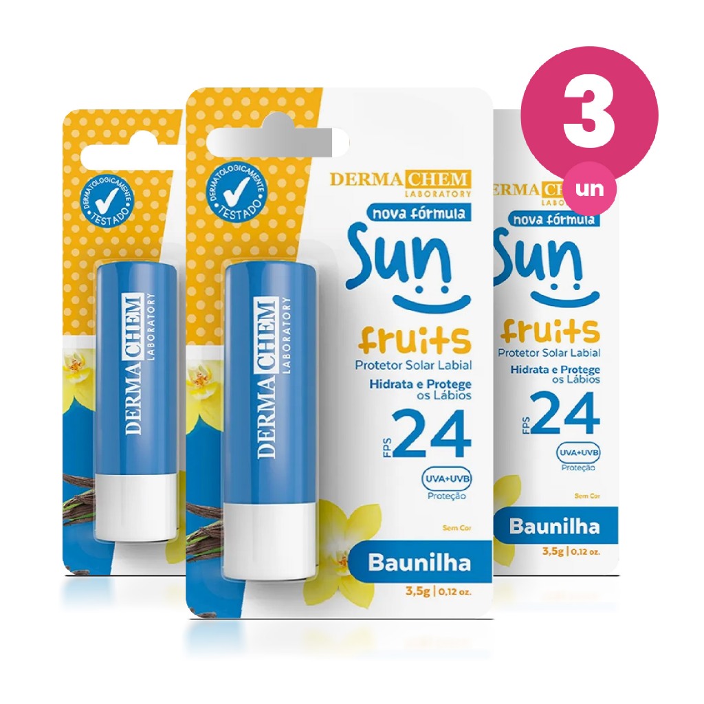 Kit 3 Protetor Solar Labial Baunilha FPS 24 3,5g Dermachem