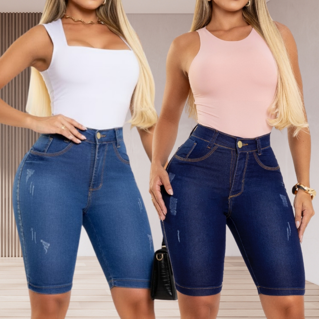 Kit 2 Bermudas Jeans Ciclista Feminina Cintura Alta Com Elastano Short Ciclista