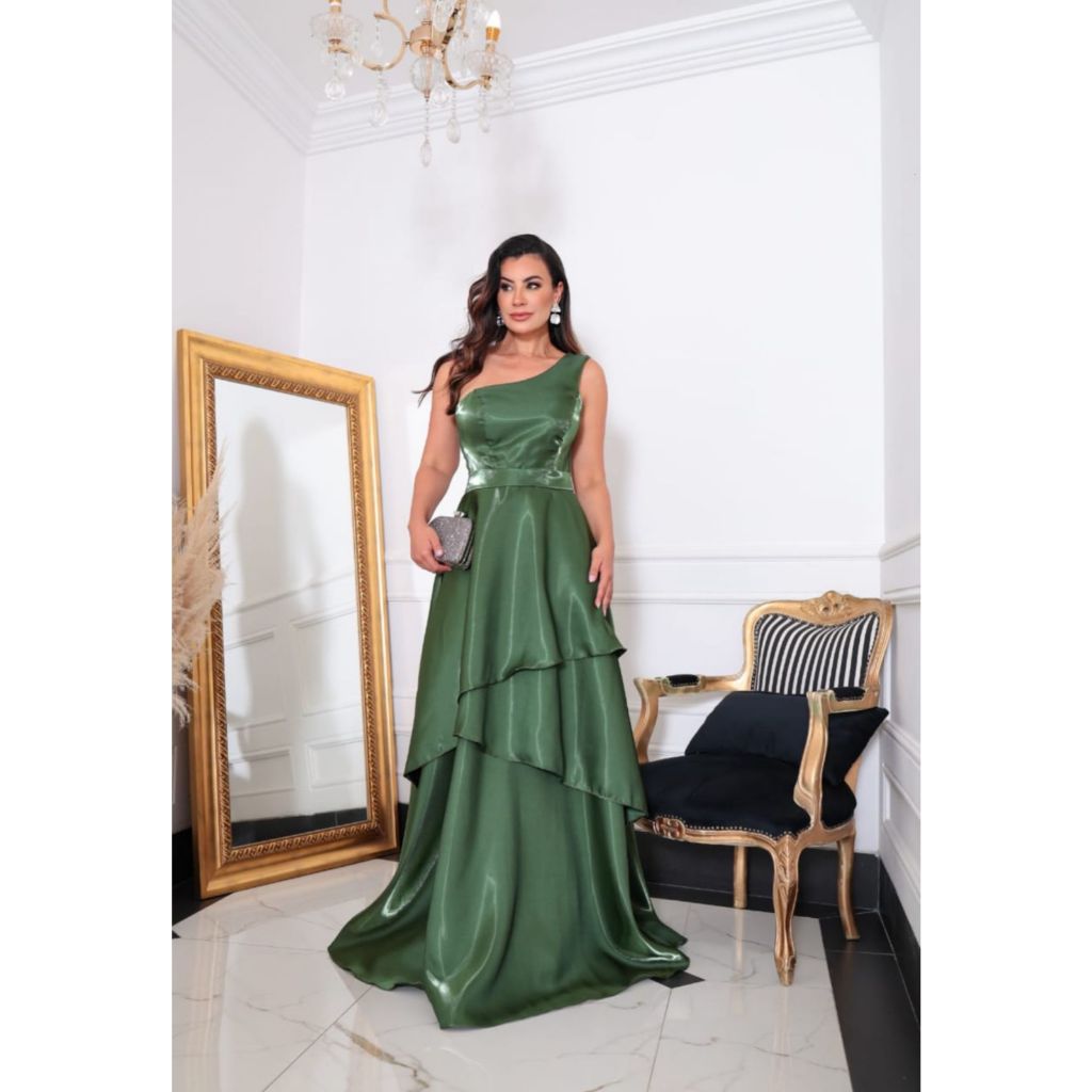 Vestido Francine todo em Zibeline Gloss um ombro só saia em camadas, costa cruzada elegante para Madrinhas de casamento