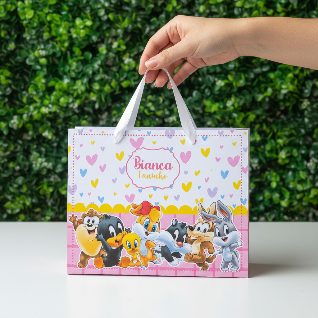 10 Sacolinhas Personalizadas (G) Festa Looney Tunes Baby Menina (20x16x6cm) em Oferta na Shopee