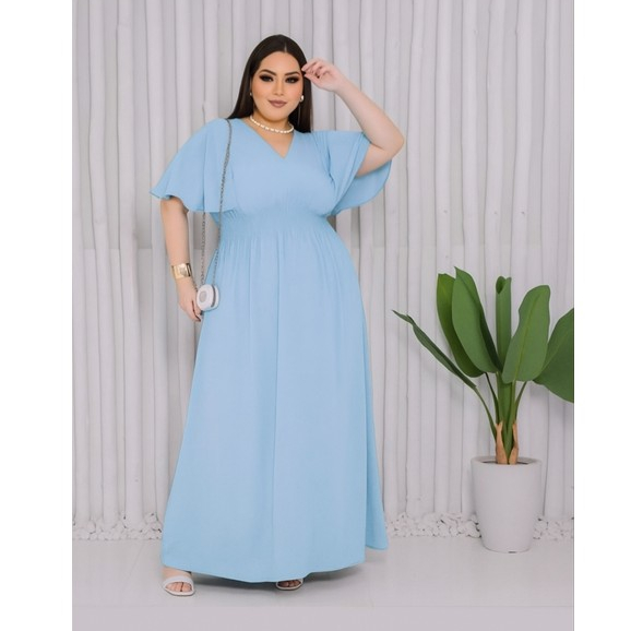Vestido Longo Plus Size Sofisticado Manga Fluida Decote V Luxo Feminino
