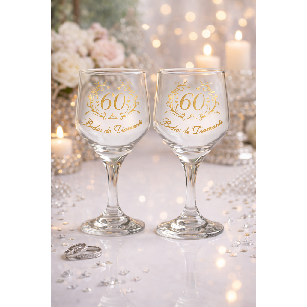 KIT JOGO 2 TAÇAS VINHO BODAS DIAMANTE 60 ANOS CASAMENTO PARA PRESENTE