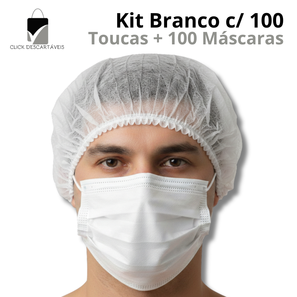 Kit 100 Touca TNT + 100 Máscara TNT Descartável Tripla Camada | Rosa, Azul, Preta ou Branca em Oferta na Shopee