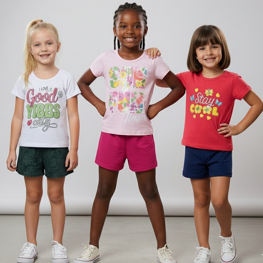Kit 3 Conjuntos Femininos Infantis Estampados em Malha Macia para o Dia a Dia Tamanhos 1 ao 14
