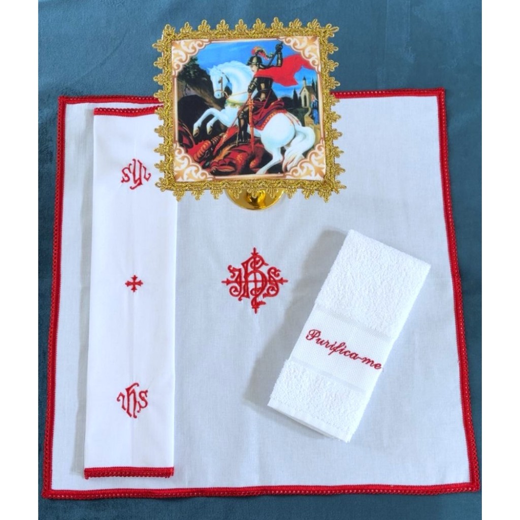 Alfaias - São Jorge - Conjunto bordado com pala estampada - Litua Paramentos