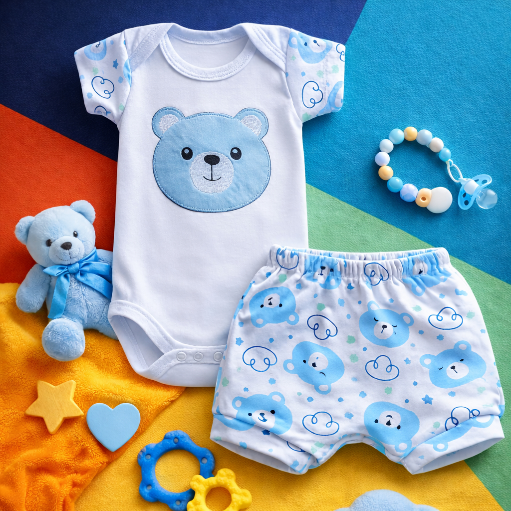 Conjunto Bebê Menino com Bory e Tapa Fraldas em Malha Suedine 100% Algodão Macio Confortável
