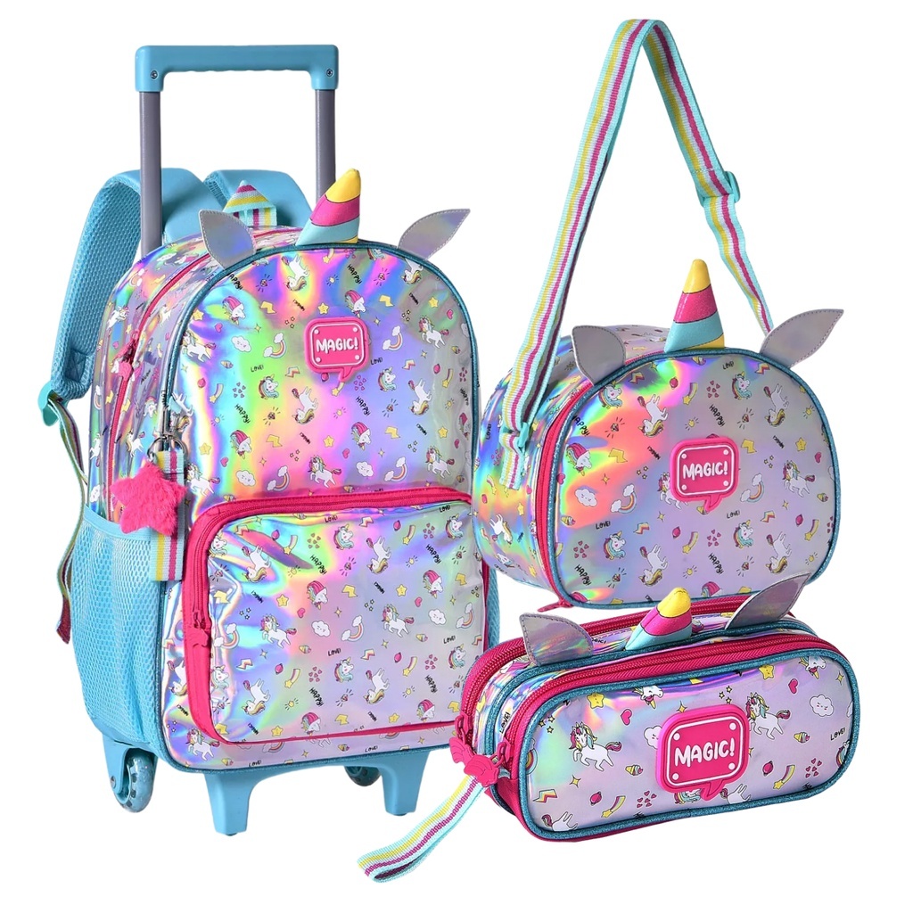 Kit Mochila de Rodinhas Lancheira Térmica Estojo Infantil Escolar Holográfico Clio