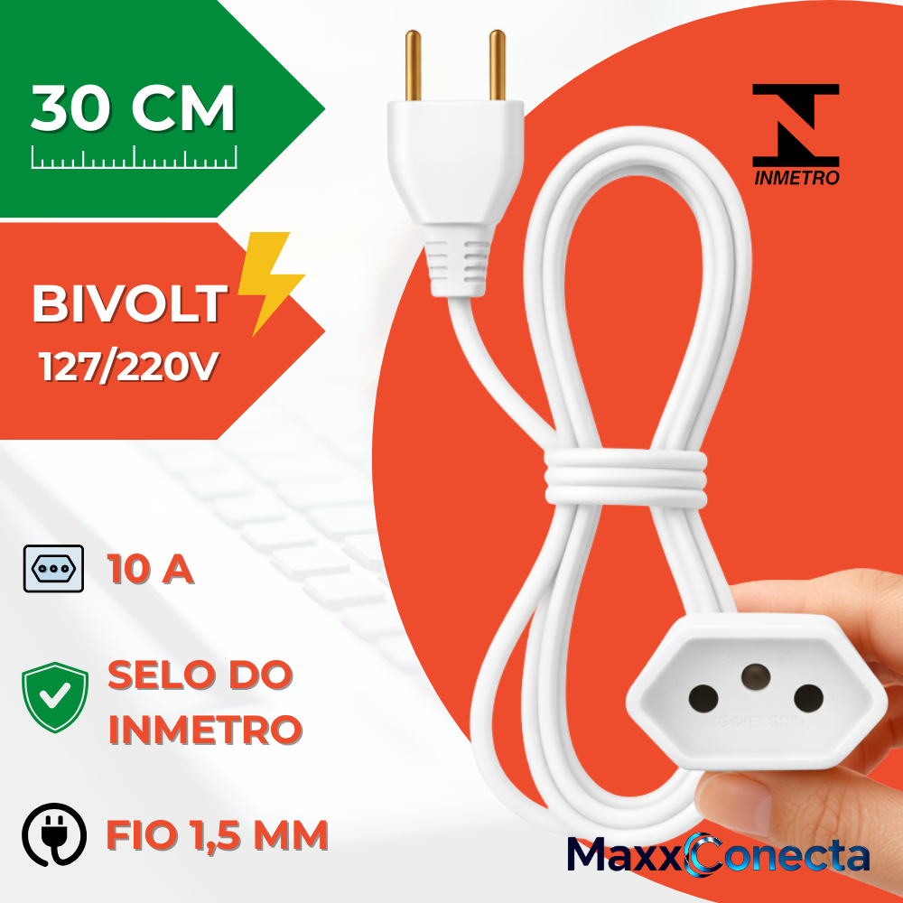 Extensão Elétrica, Cordão Prolongador, Chicote | Branco ou Preto | 30 cm | 10A, cabo bipolar de 1.5mm | 2 pinos #MC0.30b em Oferta na Shopee