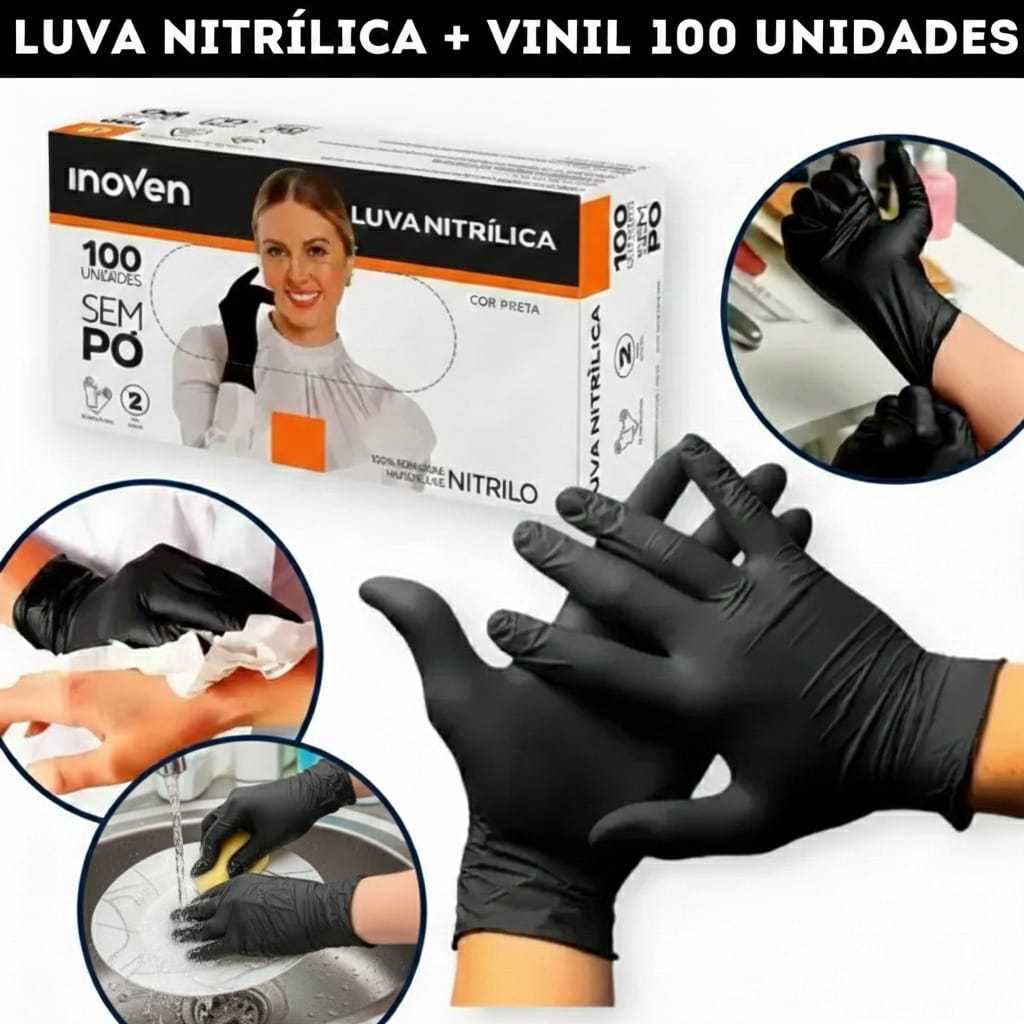 Luva Vinil Preta Descartável Sem Pó Resistente 100 Unidades