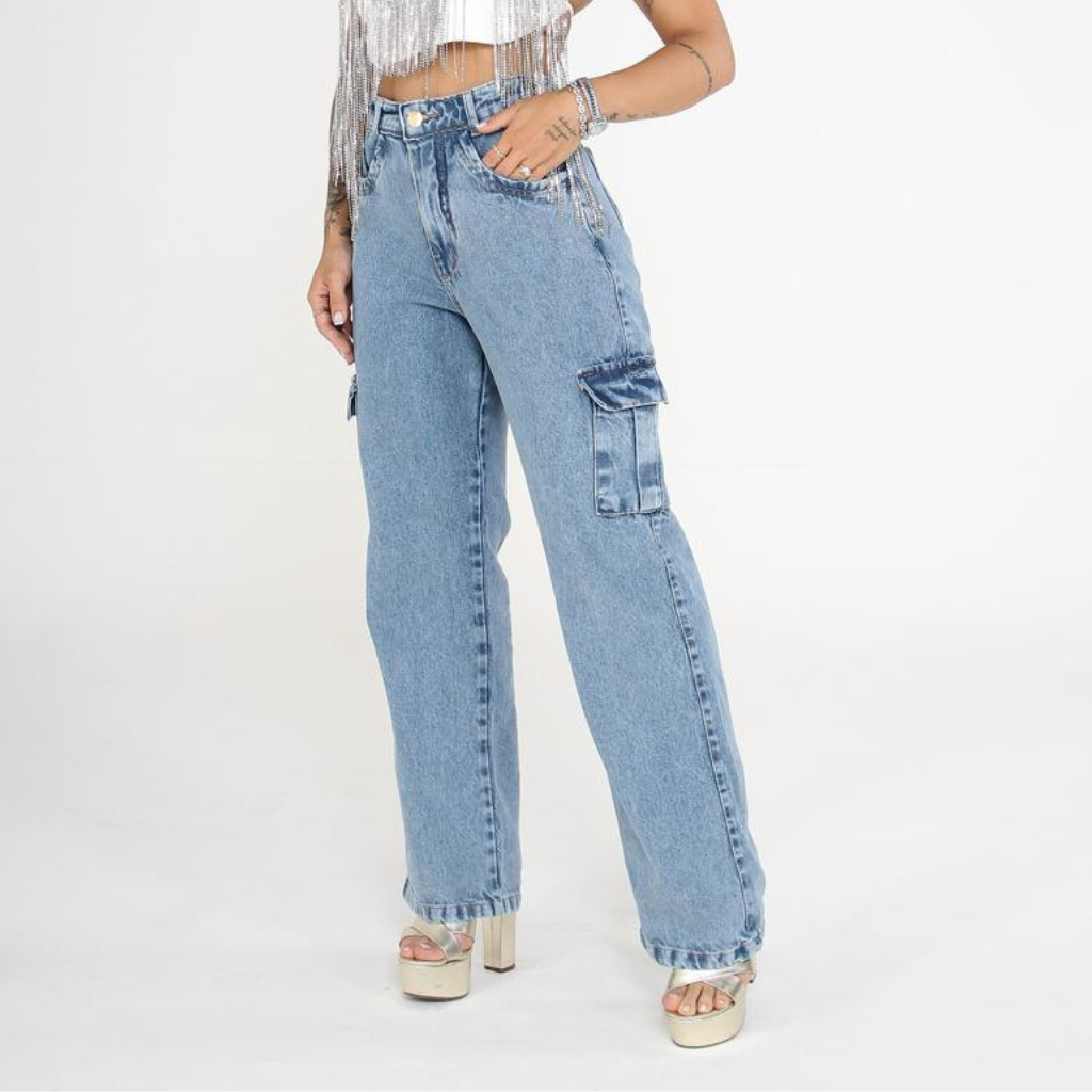 Calça Jeans Cargo Feminina Wide Leg Cintura Alta Com 6 Bolsos Estilo Urbano Streetwear Confortável em Oferta na Shopee