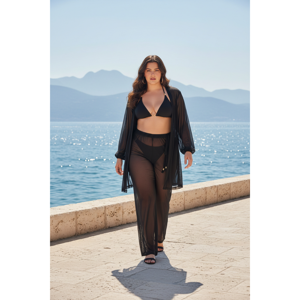 Saida De Praia Plus Size Conjunto Blusão Manga Longa e Calça Com Cordão Em Tule em Oferta na Shopee