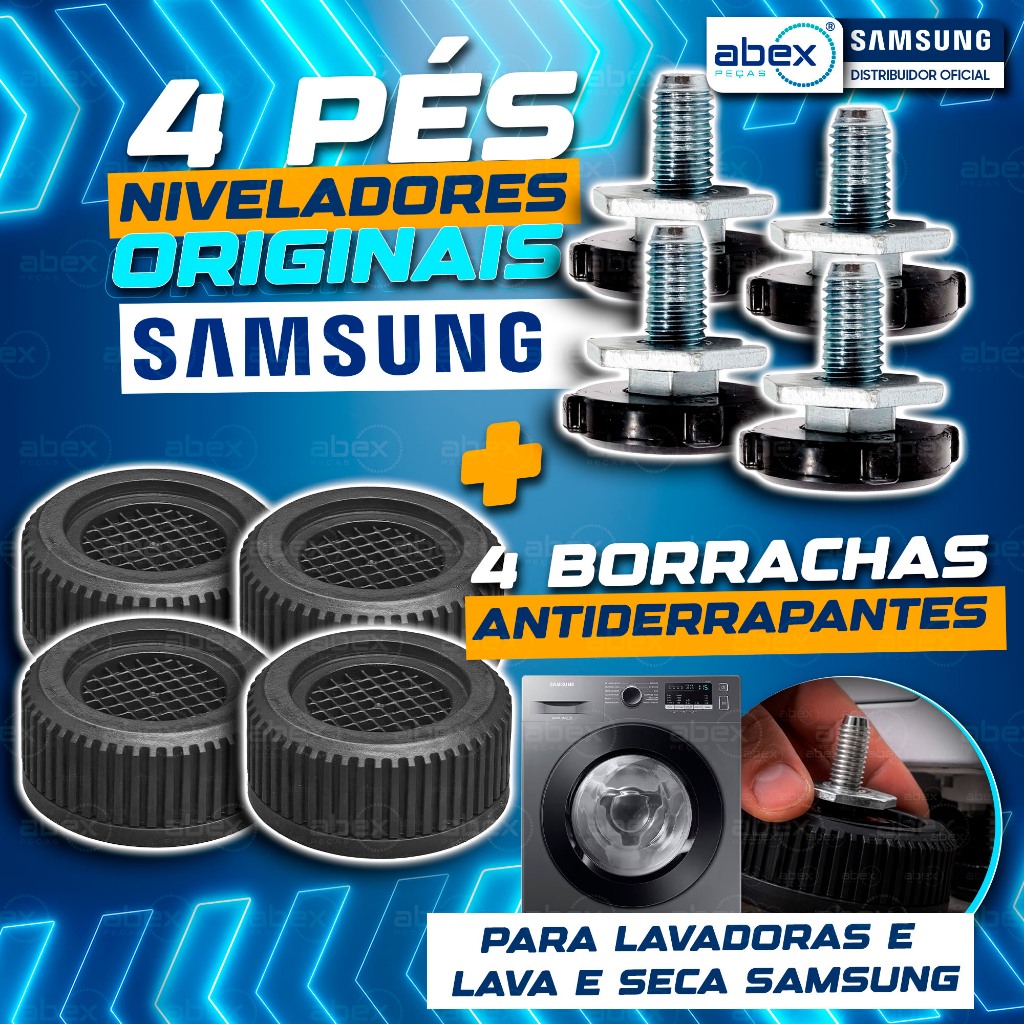 Kit 4 Pés Niveladores E Borracha Antiderrapante Lavadora Lava Seca Samsung DC97-00920U Original