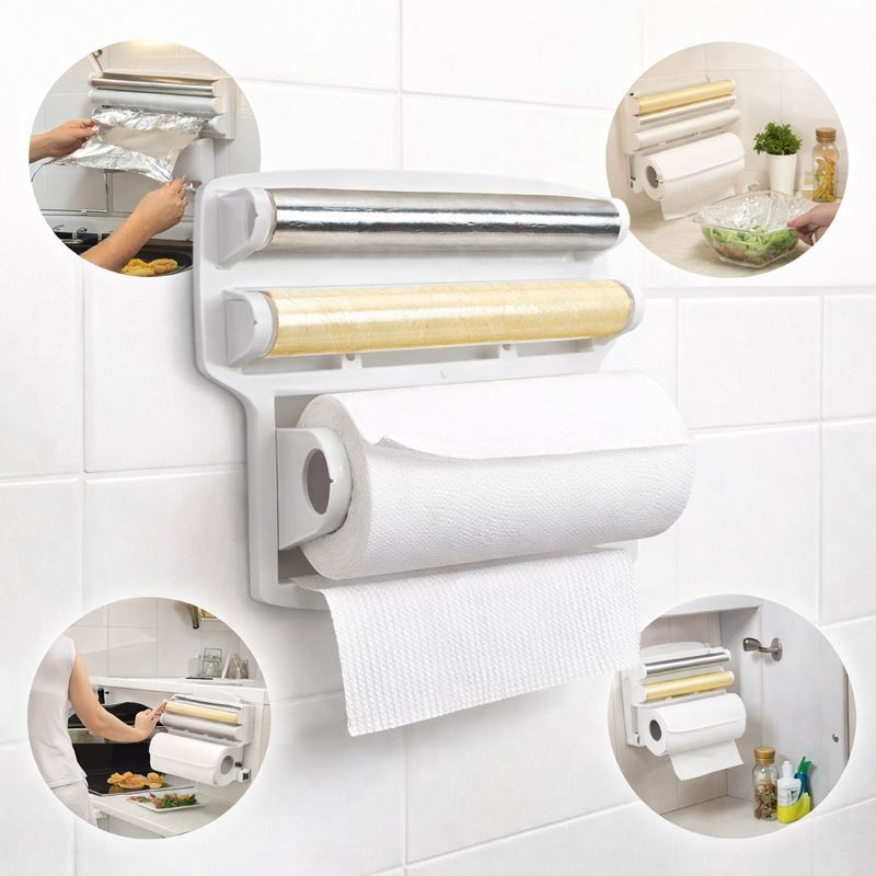 Porta Papel Toalha Triplo Suporte Rolos de Cozinha 3 em 1