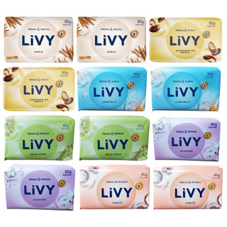 Kit 12 Sabonetes Livy 85g Erva Doce, Aveia, Karité, Castanha do Brasil ,Camomila e Algodão