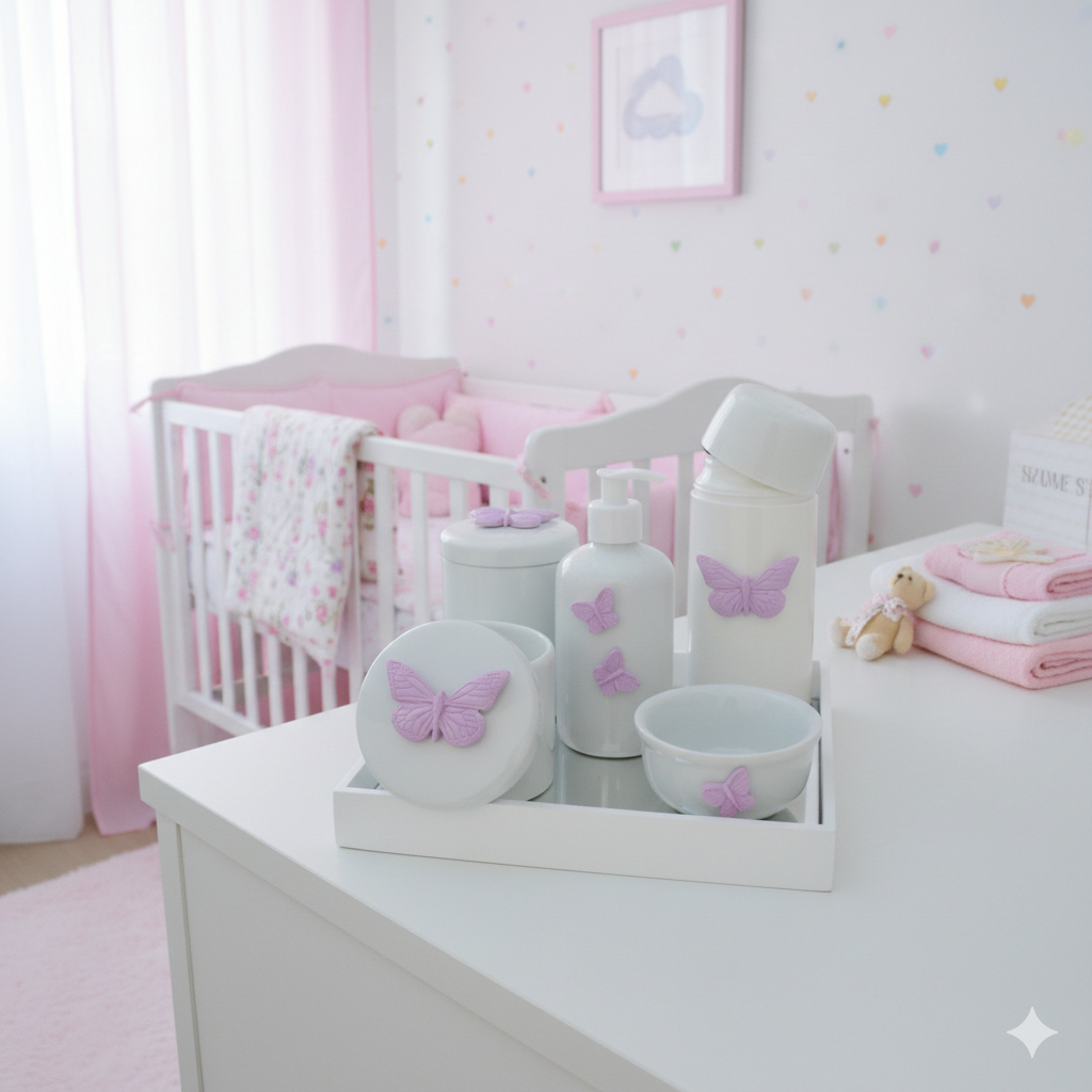 Kit Higiene Porcelana Bebê K010 Borboleta Quarto Banho Térmica Bandeja