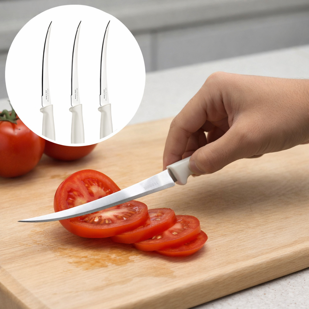 Kit 1 a 3 Faca Para Tomate Tramontina Micro Serrilhada Inox Cabo Branco Corte Preciso Casa Cozinha