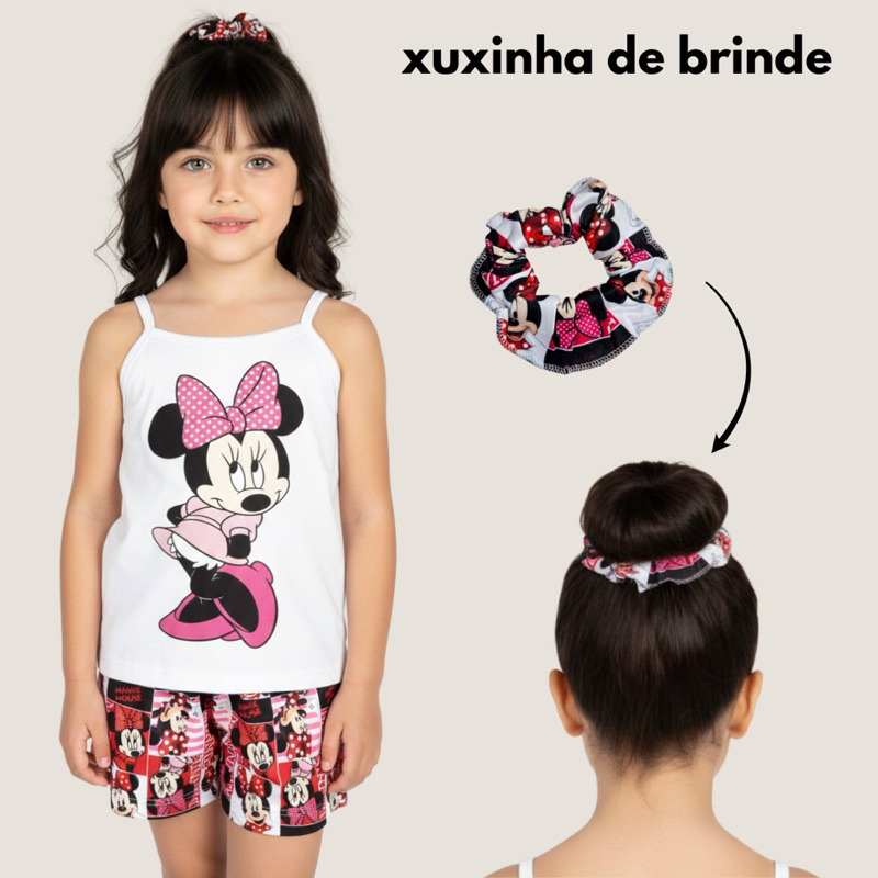 Pijama Infantil Feminino Minnie Mouse – Conjunto Verão Blusa Alcinha Short Xuxinha Promoção