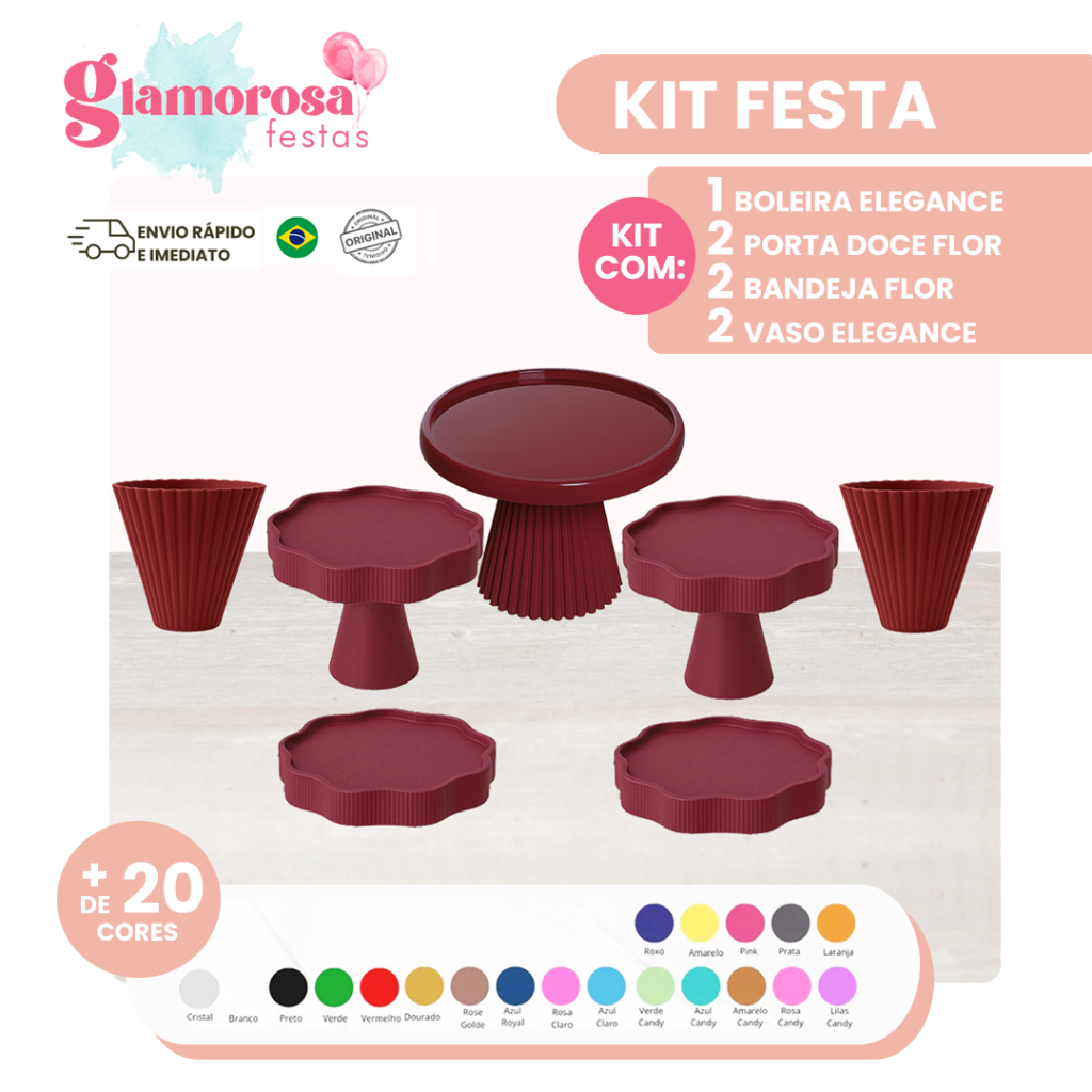 KIT FESTA COM 01 BOLEIRA ELEGANCE + 02 PORTA DOCE FLOR + 02 BANDEJAS FLOR + 02 VASOS ELEGANCE em Oferta na Shopee