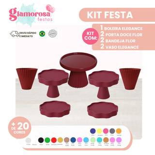 KIT FESTA COM 01 BOLEIRA ELEGANCE + 02 PORTA DOCE FLOR + 02 BANDEJAS FLOR + 02 VASOS ELEGANCE em Oferta na Shopee
