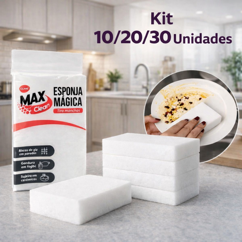 Kit 10/20/30 Esponja Mágica Branca Melamina Tira Mancha Limpeza Desengordura Bucha Max Clean em Oferta na Shopee