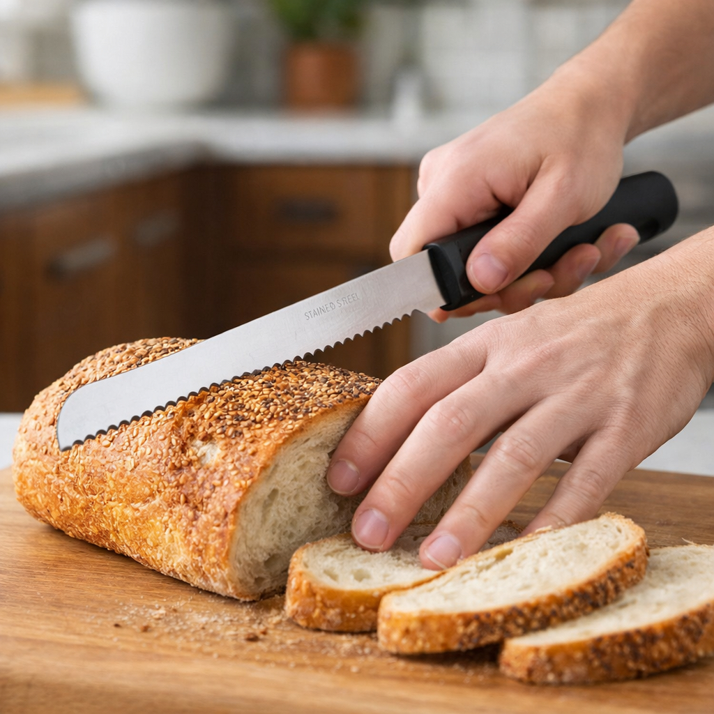 Faca para Assado Pão Mesa Cabo Plástico Preto Lamina Serrilhada
