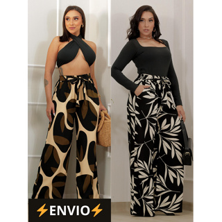 calça pantalona  estampada feminino cintura alta (forro e bolso) em Oferta na Shopee