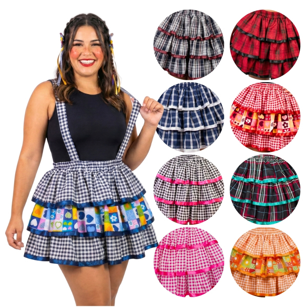 Saia Junina Plus Size com Suspensório Xadrez G1 G2 G3 – Forrada São João Festa Junina Salopete em Oferta na Shopee