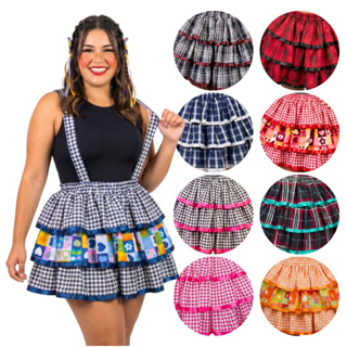 Saia Junina Plus Size com Suspensório Xadrez G1 G2 G3 – Forrada São João Festa Junina Salopete em Oferta na Shopee