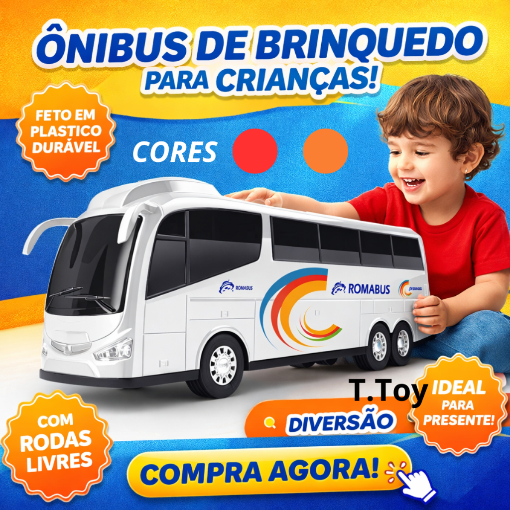Brinquedo Carrinho Onibus Infantil Para Criança Menino Menina Cores Vermelho Laranja Branco Bus Executivo Brinquedos