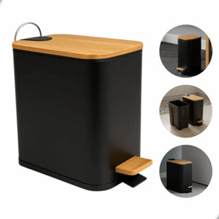 Lixeira com Pedal Para Banheiro Cozinha Escritorio Retangular Preto 5L Tampa de Bambu Chique em Oferta na Shopee
