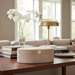 Caixa Decorativa MDF Porta Objetos Revestimento Em Tecido Retangular Oval Off White