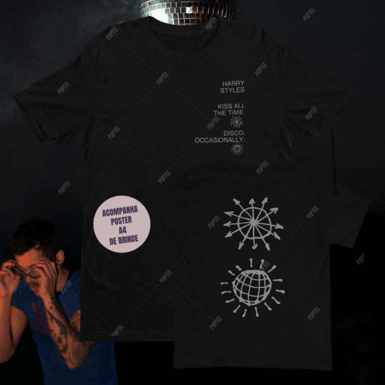 CAMISETA HARRY STYLES INSPO RENEGADE MERCH KISS ALL THE TIME DISCO OCCASIONALLY POPTEE ALGODÃO