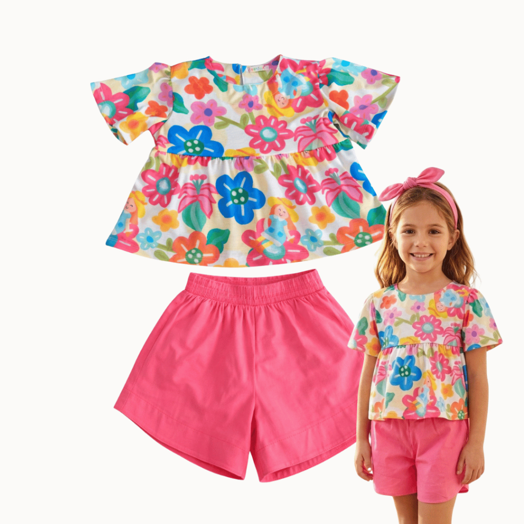 Conjunto Infantil Short Blusa Estampa Flores Colorido Menina Verão Algodão 2 a 12 anos