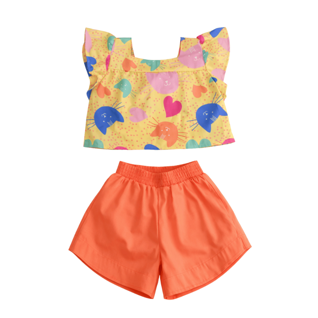 Conjunto Infantil Menina Short Blusa Estampa Gato Colorido Verão Leve Algodão Laranja