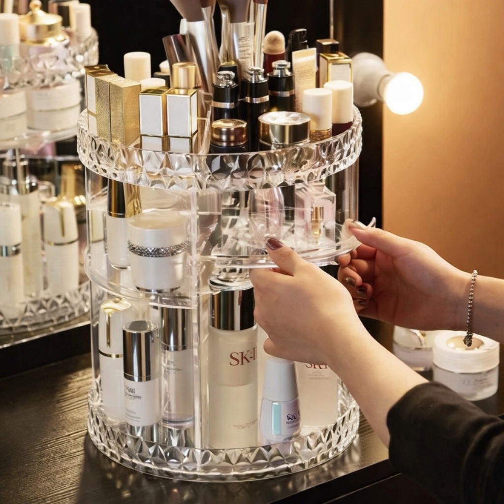 Organizador de Maquiagem Giratório 360° em Acrílico Transparente – Prateleiras Ajustáveis e Design Moderno