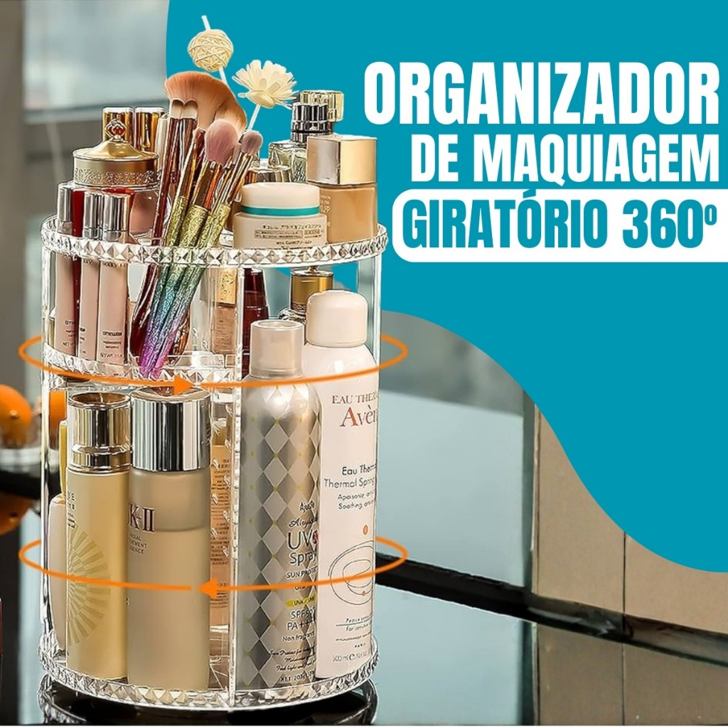 Organizador de Maquiagem Giratório 360° em Acrílico Transparente – Prateleiras Ajustáveis e Design Moderno