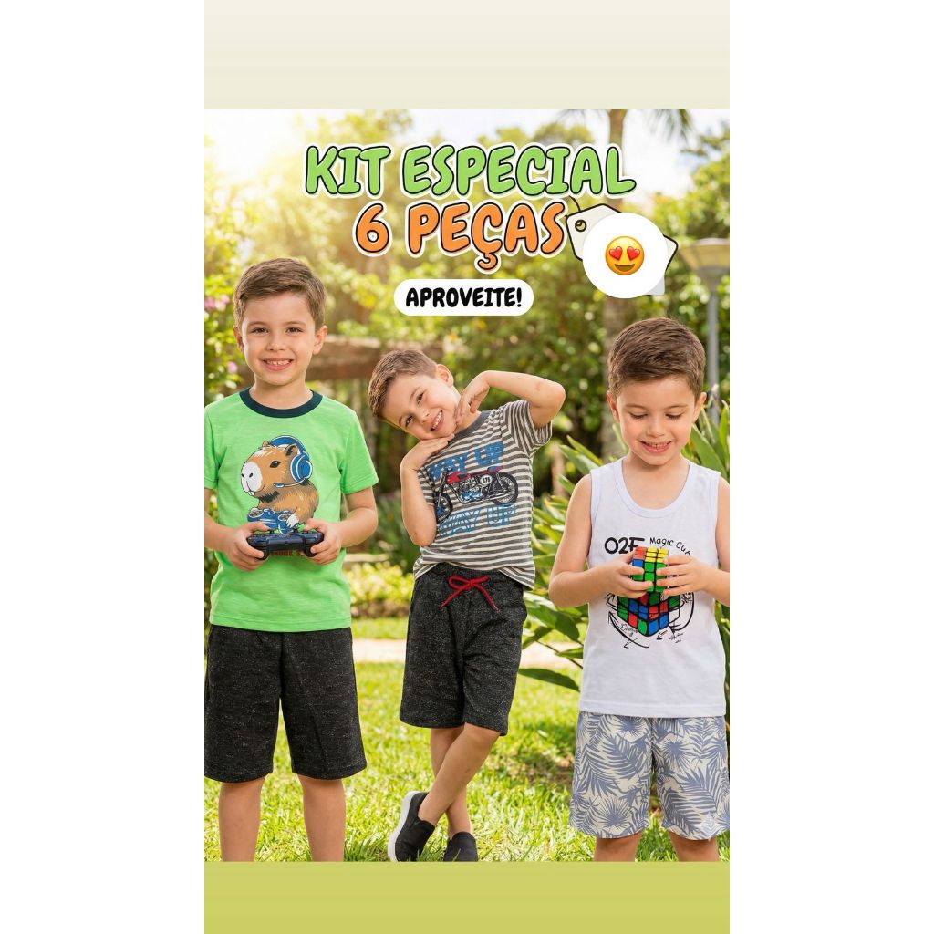 Kit 6 Peças de Roupa Infantil Menino Verão - 3 Conjuntos Menino Infantil Estampas Sortidas - 3 Camisetas + 3 Bermudas