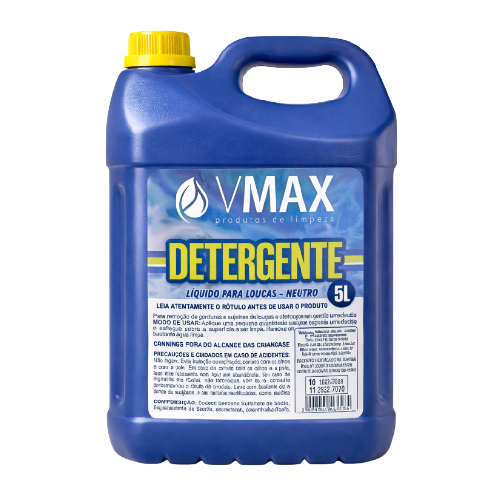 Detergente VMAX 5 Litros Neutro Líquido Louças Alto Rendimento Espuma Limpeza Profissional Cozinha Doméstico Gordura