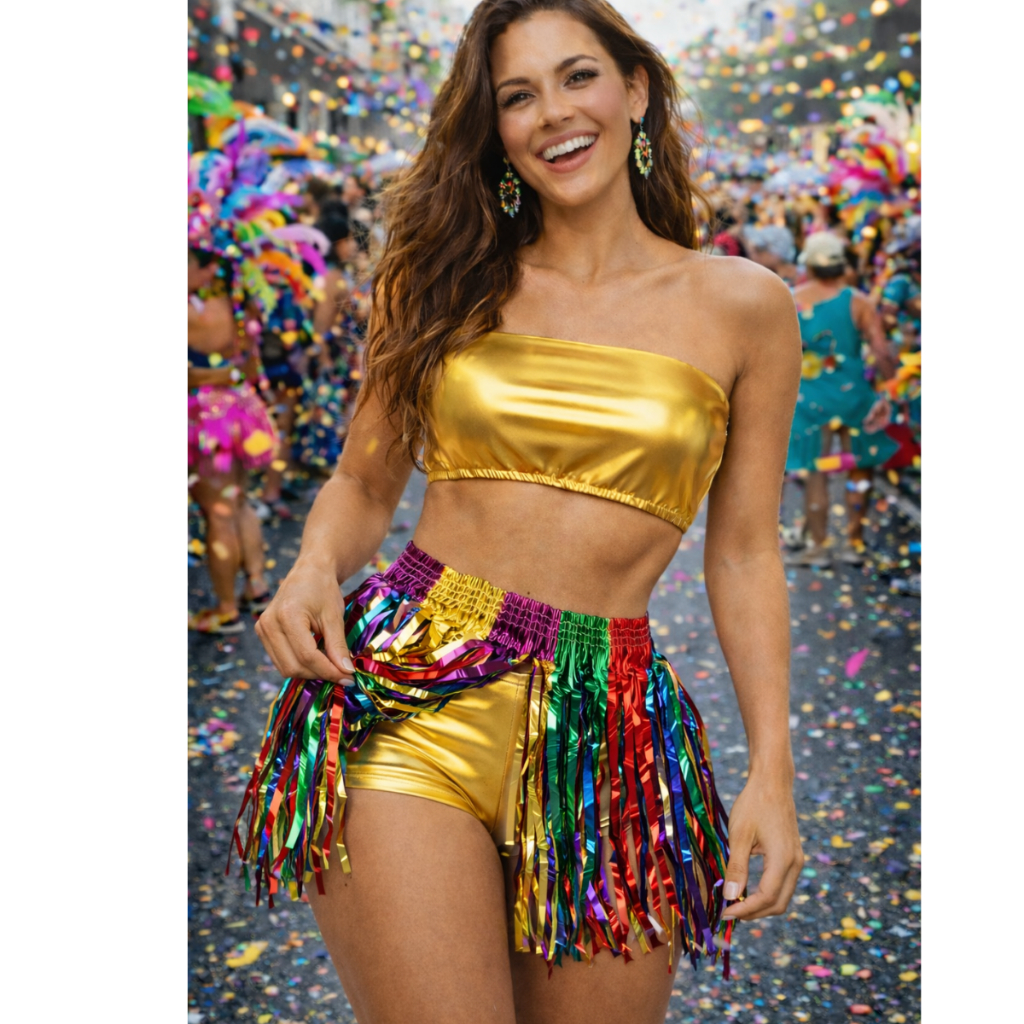 Conjunto Carnaval Feminino Metalizado 3 Peças Fantasia Hot Pants Top Saia Fitinha Coloridas Look Carnaval em Oferta na Shopee