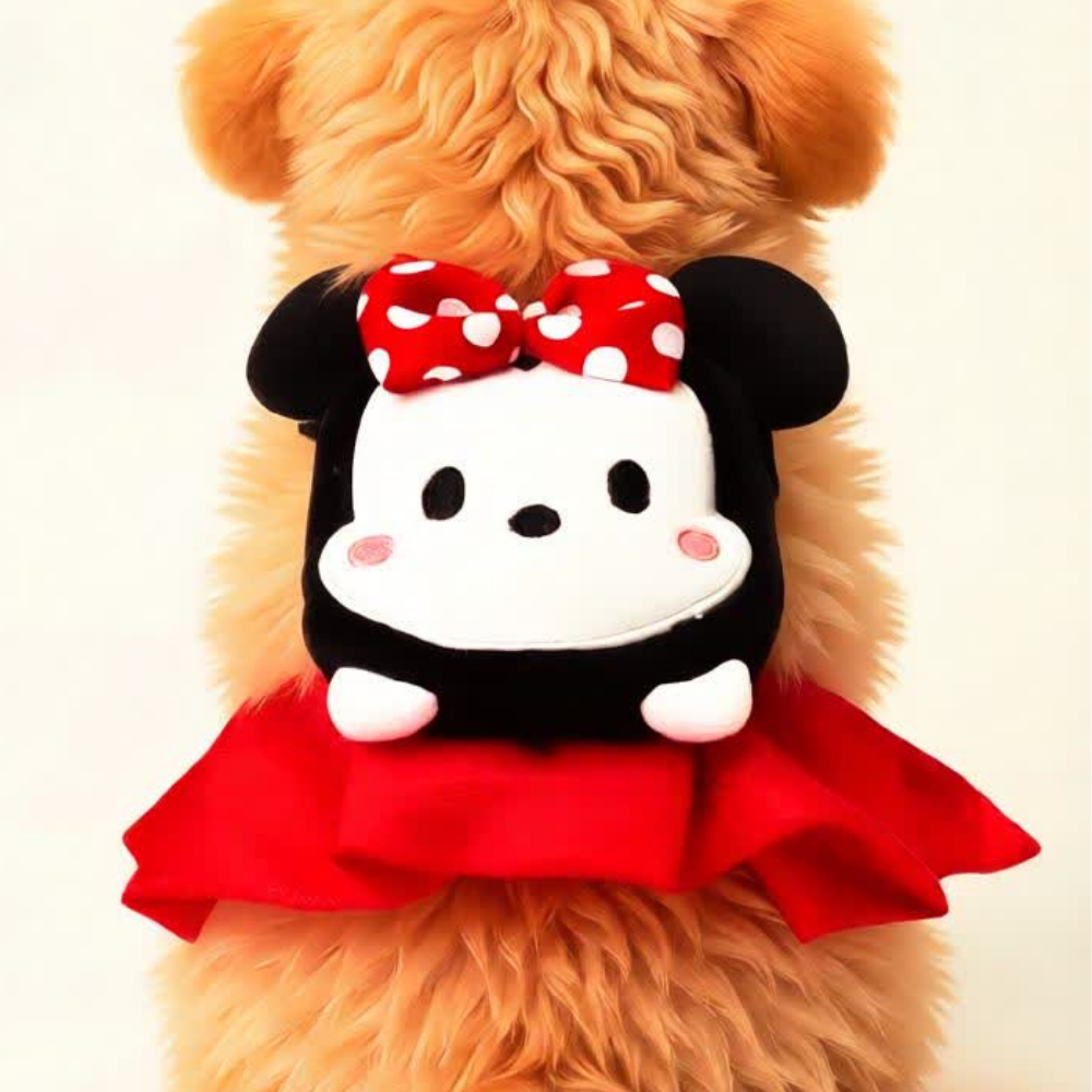 VESTIDO FANTASIA PET MINIE MOCHILINHA PRA CACHORRO ROUPA PEITORAL MOCHILA