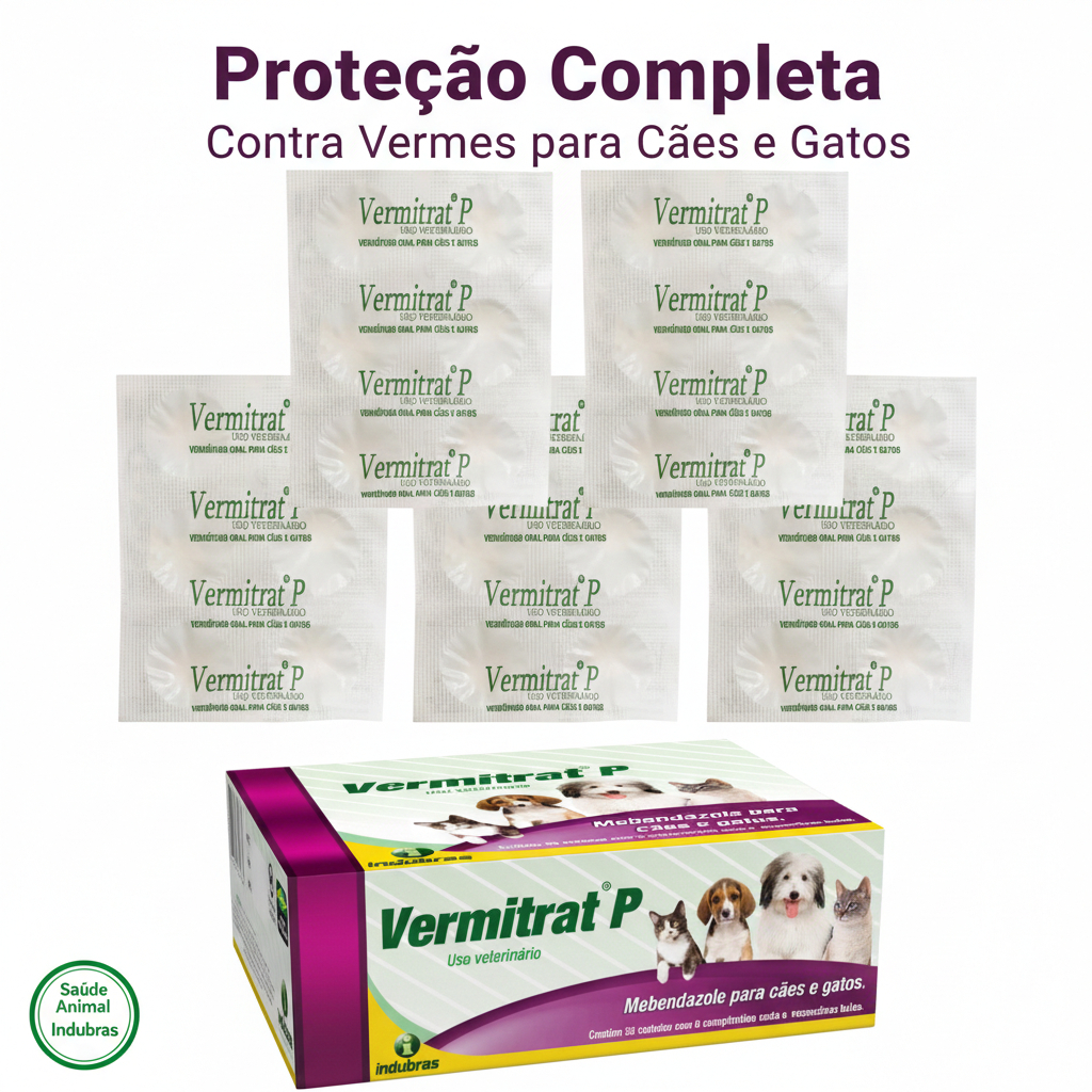 Vermitrat P - Kit 5 Cartelas - Vermifugo para cães, gatos - Remédio, medicamento verme, cachorro, gato - Indubras