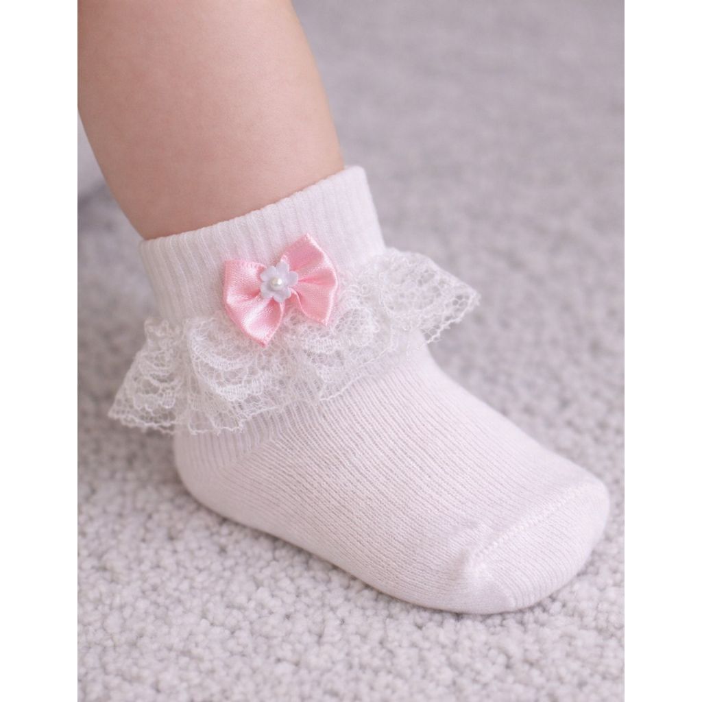 Meia Infantil com Renda e Laço Flor Cano Médio Elegante para Bebês Batizado Casamento