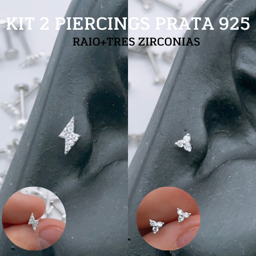 Kit 2 Piercings Orelha Prata 925 RAIO CRAVEJADO + TRES ZIRCONIAS -Conch, Helix e Trágus – Piercing Feminino Antialérgico em Oferta na Shopee