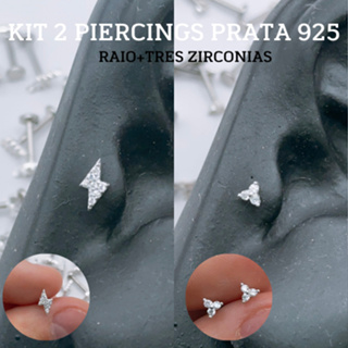 Kit 2 Piercings Orelha Prata 925 RAIO CRAVEJADO + TRES ZIRCONIAS -Conch, Helix e Trágus – Piercing Feminino Antialérgico em Oferta na Shopee